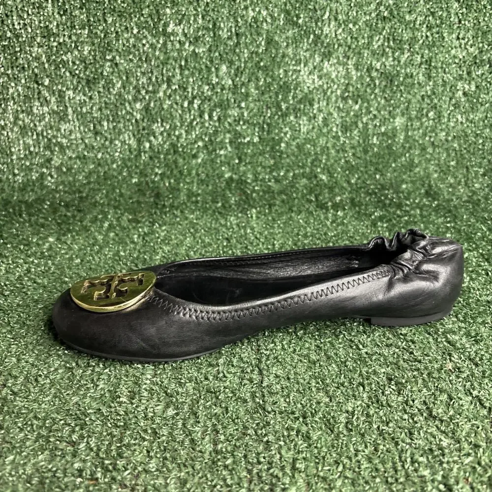 Tory Burch Women's 8 M Black Leather Ballet‎ Flats Round Toe Slip On Logo Accent